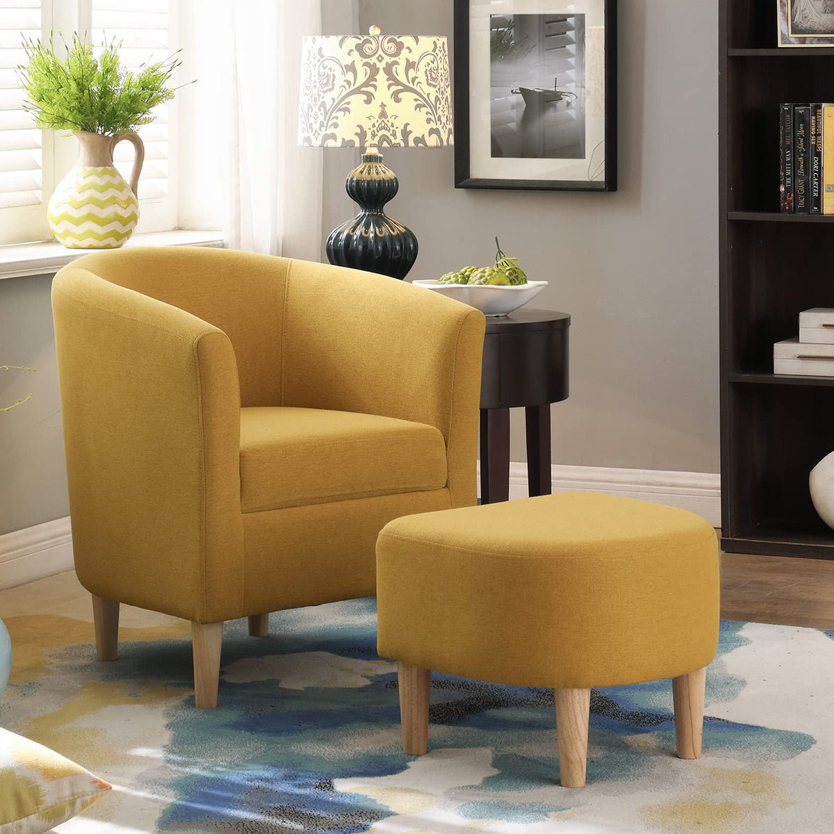 DAZONE Accent Chair with Ottoman, Modern Comfy Armchair Upholstered Barrel Club Chair and Footrest Set, Fabric Tub Arm Chairs for Living Room Bedroom Small Spaces Apartment Office, Set of 2, Gray