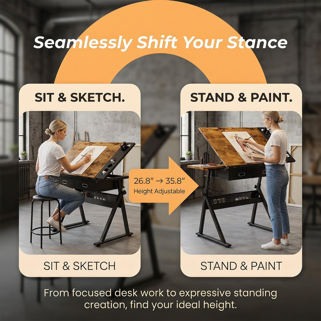Height Adjustable Drafting Table Drawing Table Artist Desk Tilting Tabletop Art Craft Desk with 2 Storage Drawers and Stool, Art Craft Desk for Artist Painters Drawing Painting (All White)
