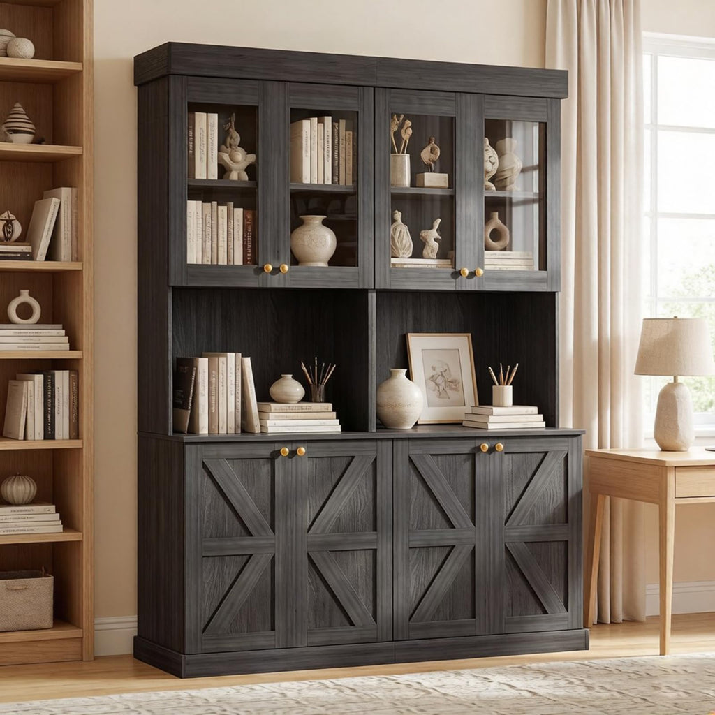 Vyre 71" Black Modular Farmhouse Bookcase Set of 3, Expandable Storage Cabinets with Glass Doors or Drawers for Home Office and Study Room
