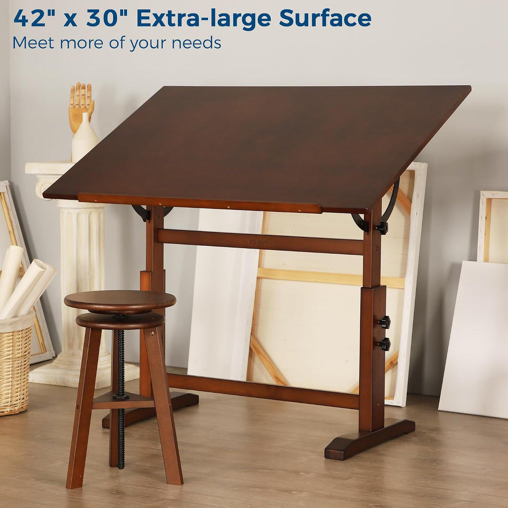 VISWIN Wood Drafting Table for Adults, 30" X 42" Extra-Large Drawing Table with Adjustable Height & Angle for Art Studio, Solid Pine Wood Artist Desk for Drawing, Drafting, Writing, Reading