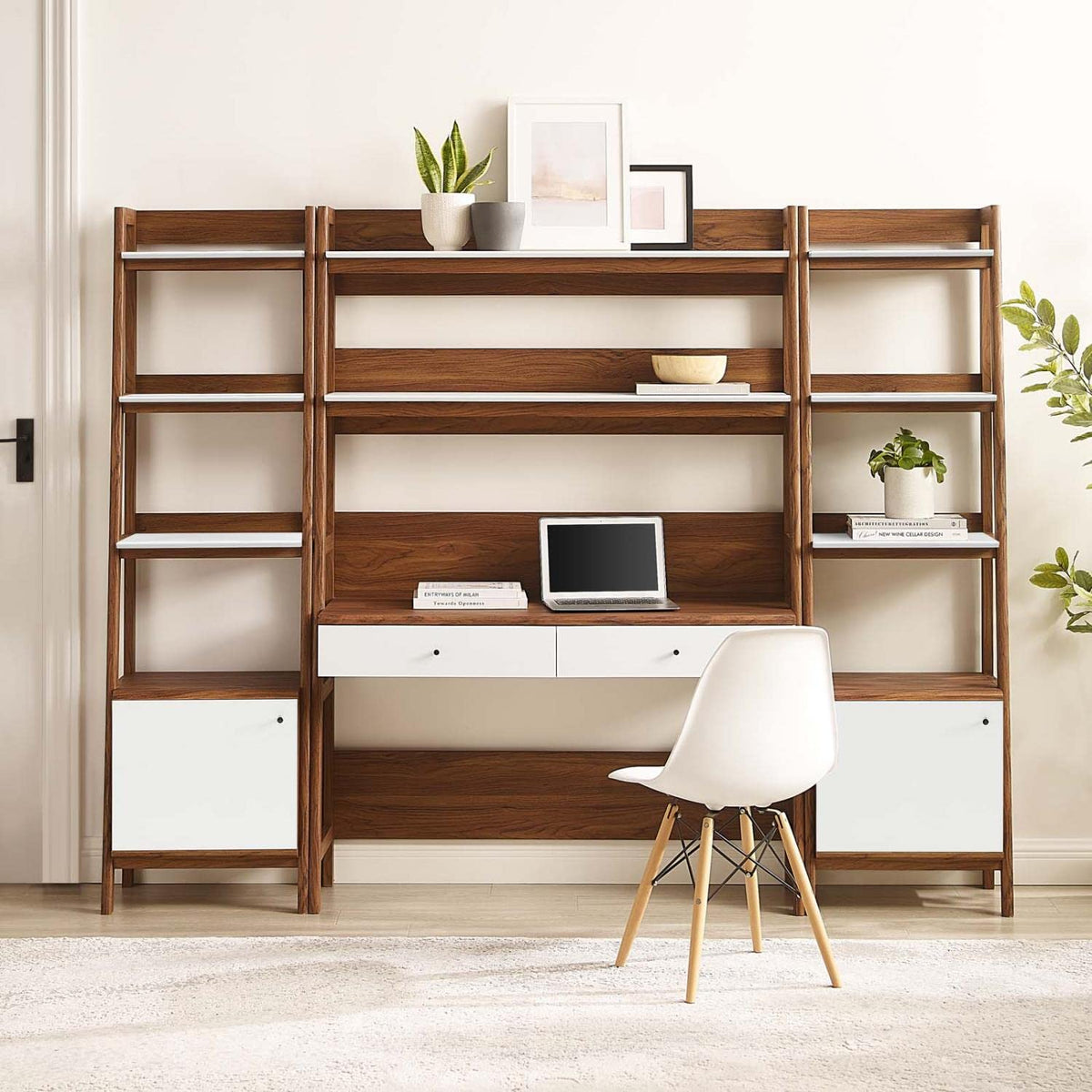 Modway 3-Piece Home Office Desk and Bookshelf Display Case in Oak