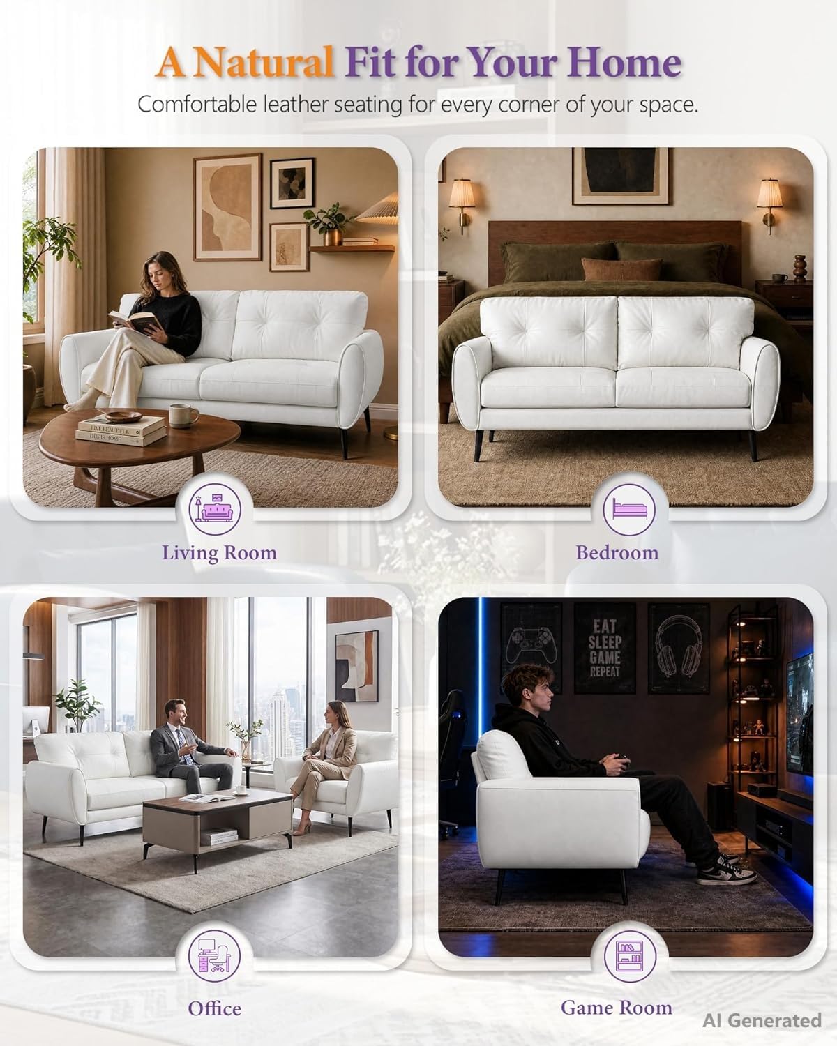 61'' Small Leather Loveseat and Chair, 3 Piece Living Room Sets, Black