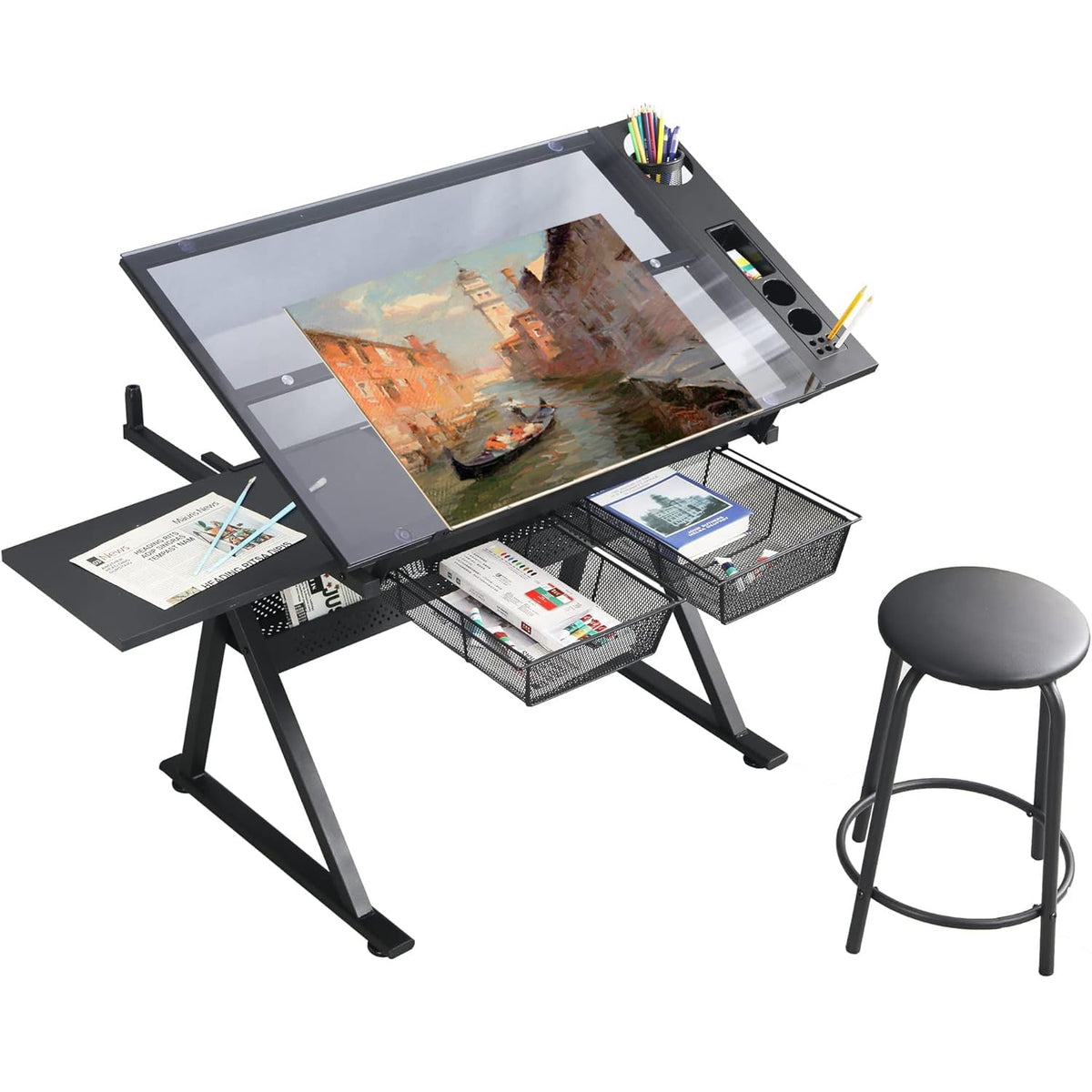 Drafting Table Adjustable for Artists - Art Drawing Desk with Storage for Painting Sketching - Glass Top for Painters Illustrators Cartoonists White