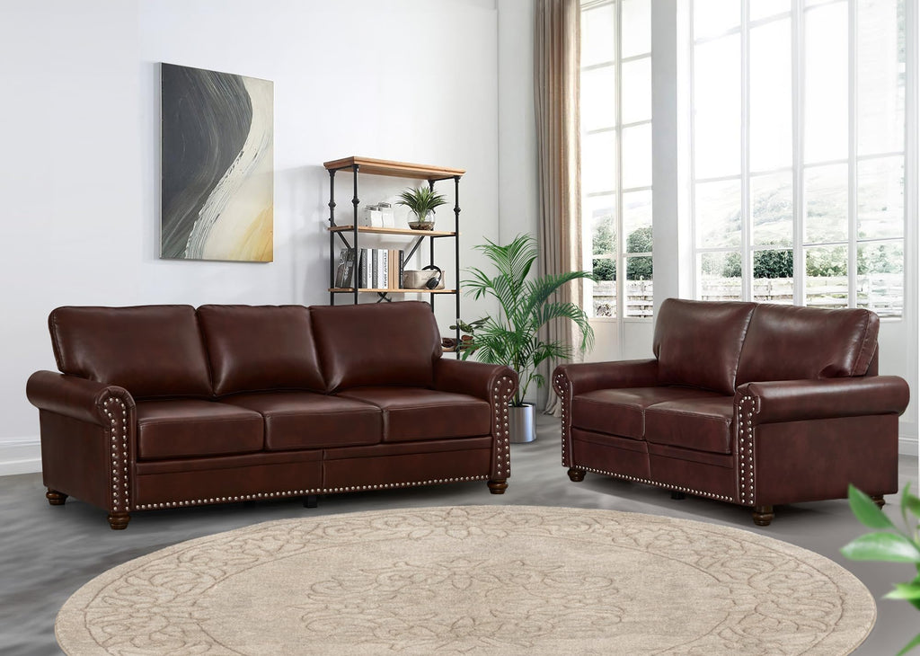 2 Piece Faux Leather Sofa Set,Modern Couch and Loveseat Sets with Storage,Mid Century Couch with Rivet Rolled Arm,Comfy Deep Seat Sofa,Furniture for Living Room,Office(Loveseat+3 Seater,Navy)