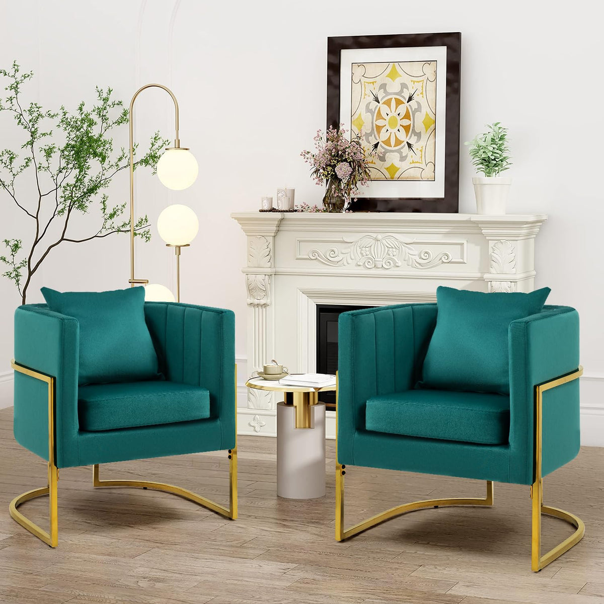 Velvet Accent Barrel Chairs Set of 2, Modern Arm Club Chair Set with Pillow for Living Room/Bedroom/Guest Reception, Channel Tufted, Gold Finish Base, Orange