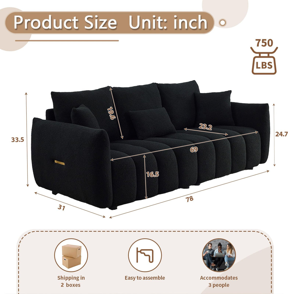 Antetek Teddy Fabric Sofa Set for Living Room, 2 Pieces Modern Deep Seat Oversized 3-Seater Cloud Boucle Couch for Bedroom, Office, Apartment, Furniture Set, 78-inch, Black (2 Pieces)