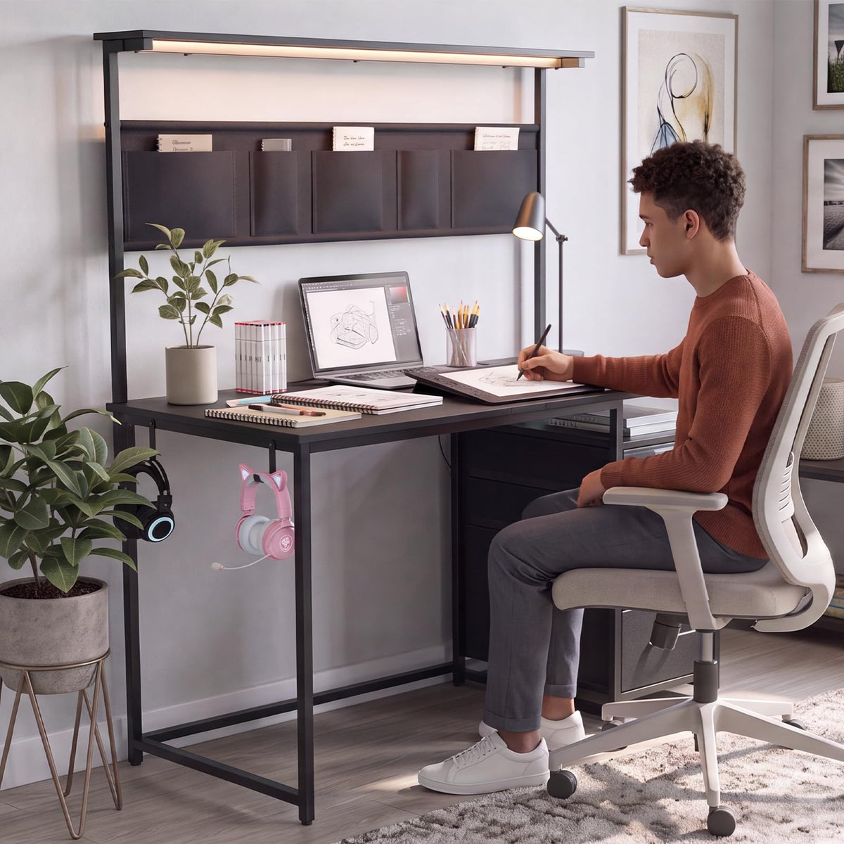 Drafting Table with Storage Drawers & Shelf Adjustable Tilting Art Craft Desk Drawing Painting Sketching Multifunctional Workstation for Home Office