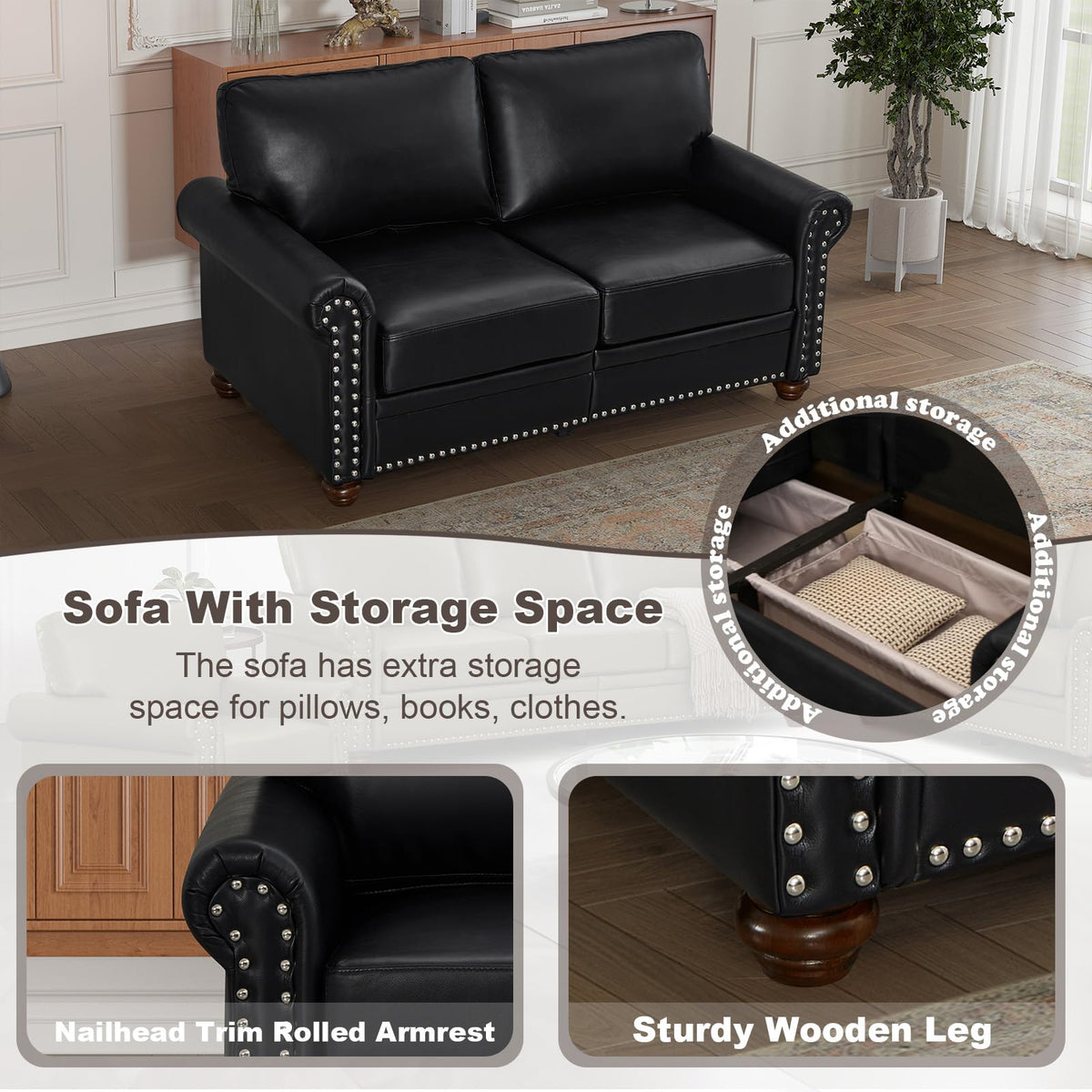 2 Piece Faux Leather Sofa Set,Modern Couch and Loveseat Sets with Storage,Mid Century Couch with Rivet Rolled Arm,Comfy Deep Seat Sofa,Furniture for Living Room,Office(Loveseat+3 Seater,Navy)