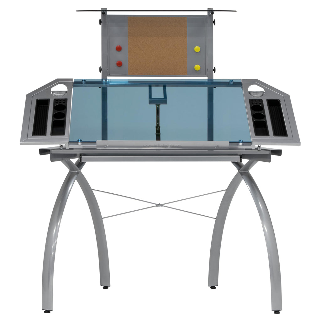 SD STUDIO DESIGNS Futura LS WorkCenter with Tilt Top Adjustable Drafting Table Craft Table Drawing Desk Hobby Table Writing Desk Studio Desk, Silver / Blue Glass