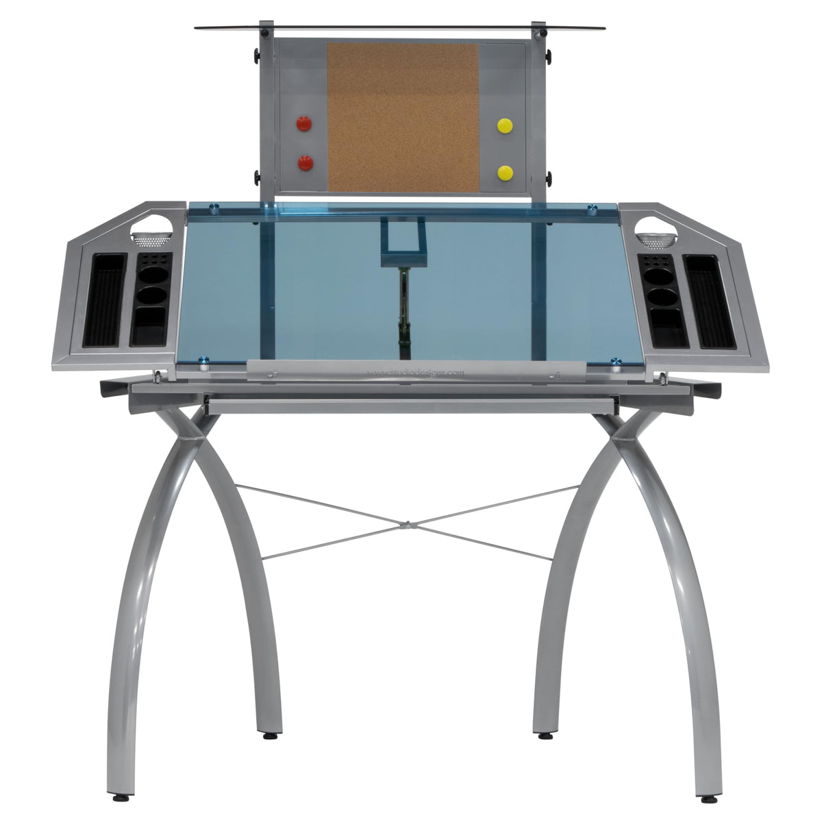 SD STUDIO DESIGNS Futura LS WorkCenter with Tilt Top Adjustable Drafting Table Craft Table Drawing Desk Hobby Table Writing Desk Studio Desk, Silver / Blue Glass
