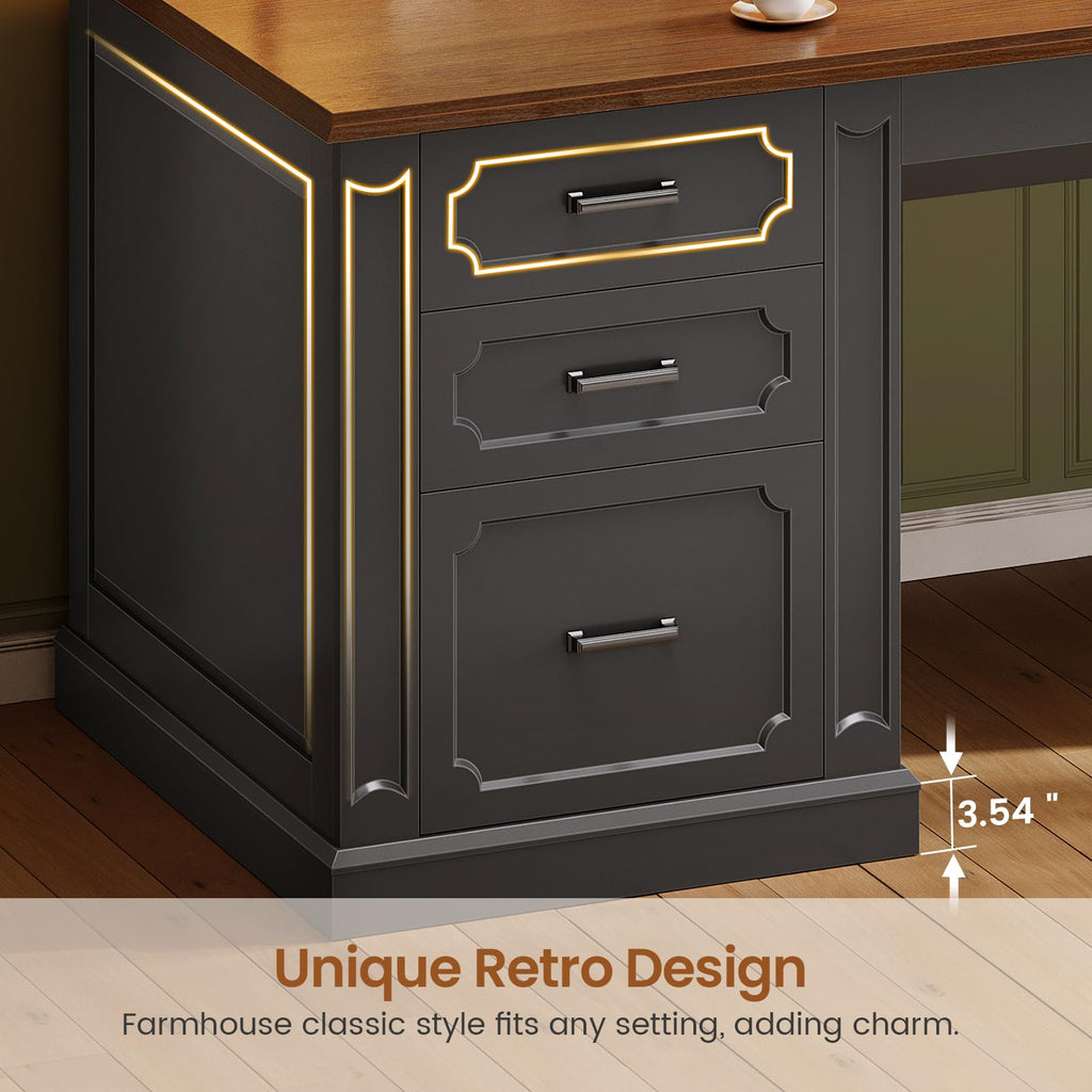 SEDETA Farmhouse 70.9" Executive Desk, Home Office Desk with File Drawers and Storage Cabinet, Computer Desk with Power Outlet for Home Office, Work Study Writing, Black+Brown