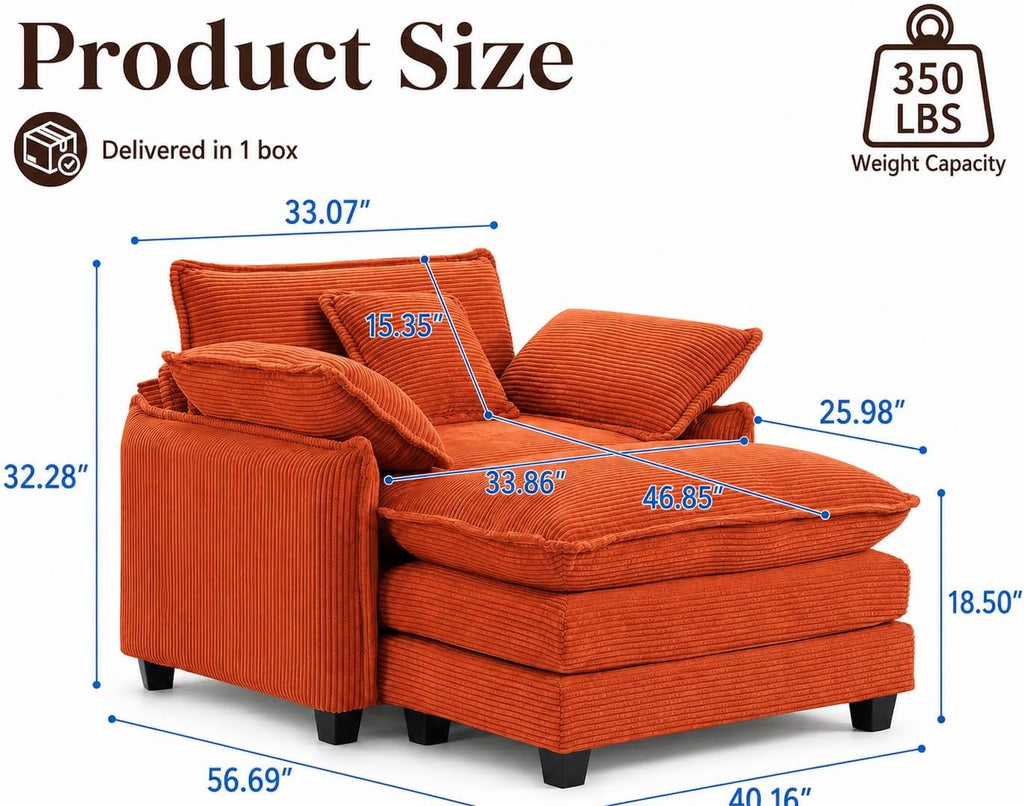 Oversized Chair with Ottoman, Corduroy Reading Chair with Footrest, Comfy Accent Armchair for Living Room Bedroom, Single Sofa Lounge Chair, 350 lbs (Orange)
