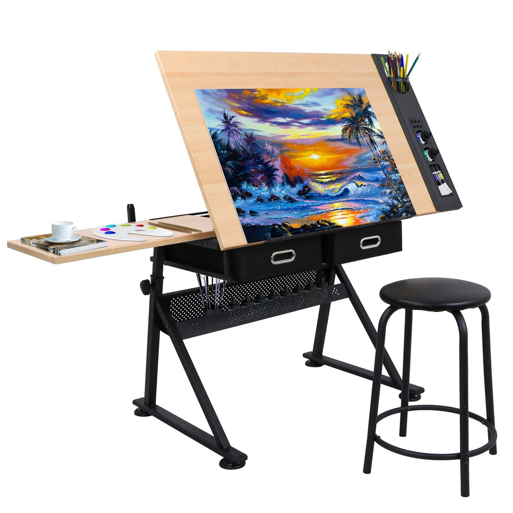 ZENY Adjustable Drafting Table with Stool Tilting Drawing Desk Artist Table