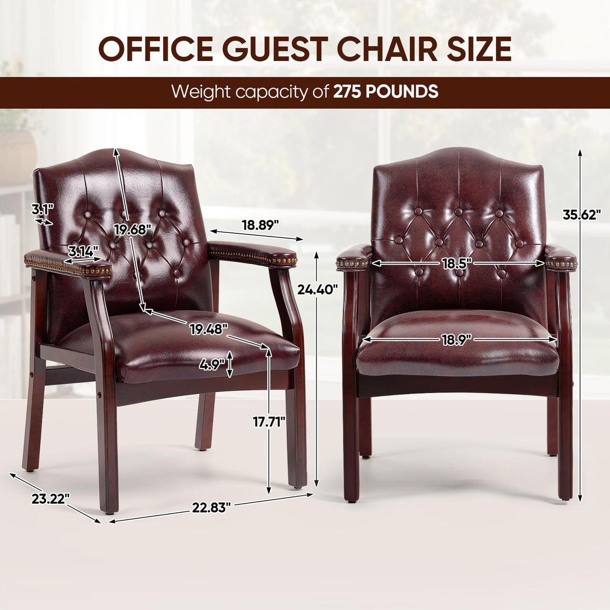 Leather Office Guest Chairs Set of 2, Ergonomic Waiting Room Chair with Arms Reception Chairs No Wheels Conference & Meeting Side Chairs Executive Furniture (Burgundy)