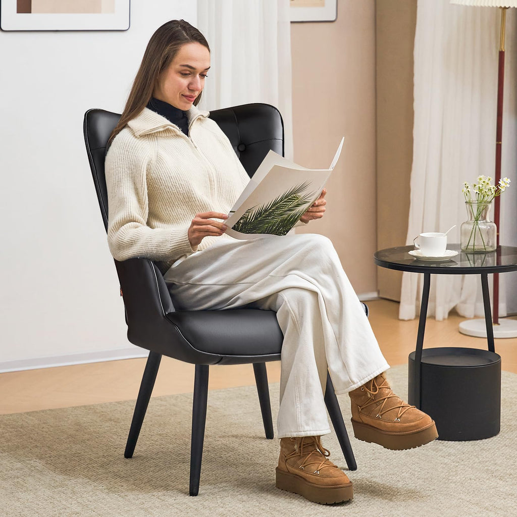 Furniliving PU Leather Accent Chair for Living Room, Upholstered Reading Chair with High Backrest, Tufted-Button Wingback Armchair for Bedroom, Dressing Room, Home Office, Brown, Set of 2