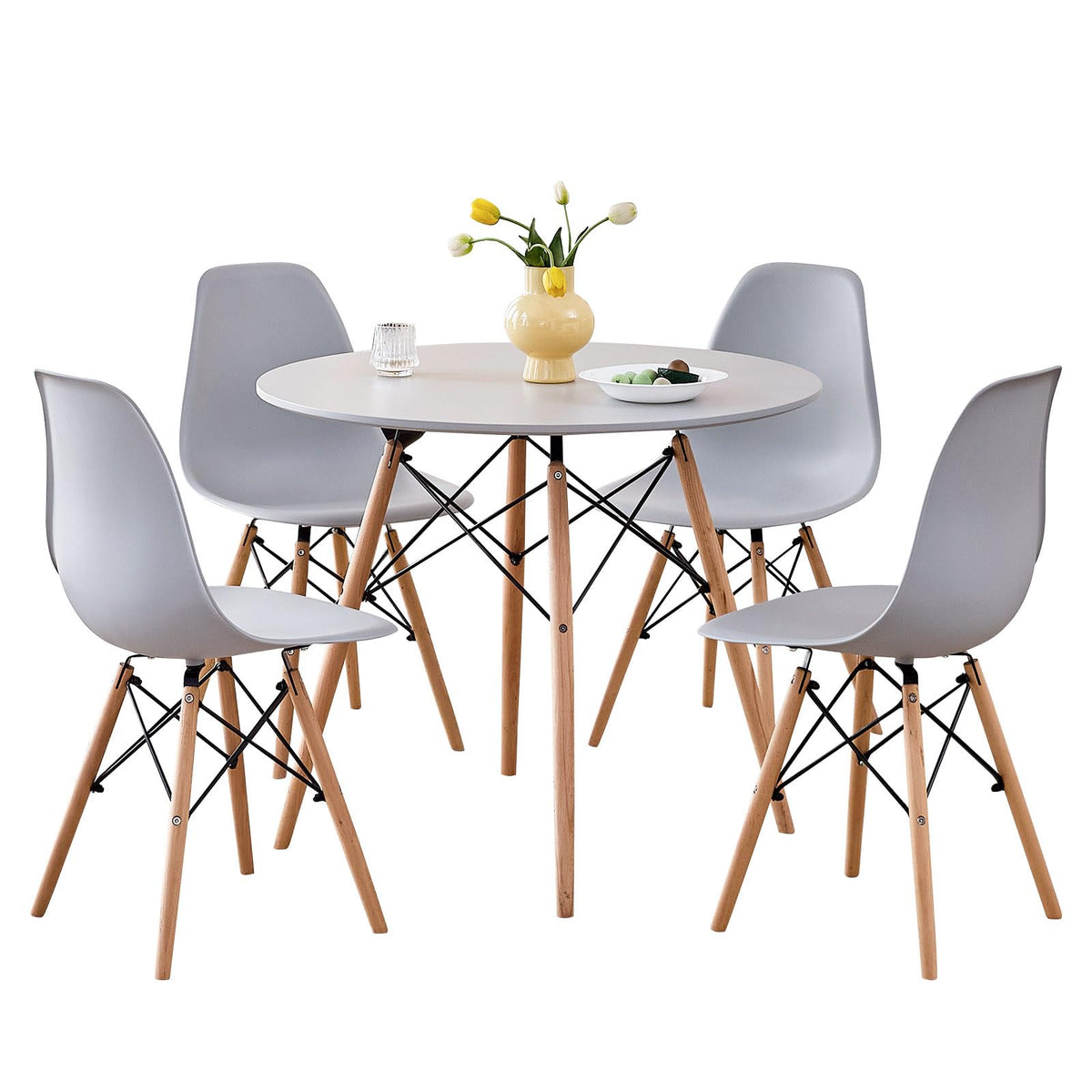 5-Piece Round Dining Set, 35.5" Black Table & Light Gray Chair