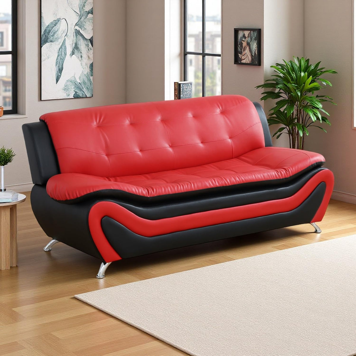 Leather Sectional Sofa Couches, Living Room Sofa and Loveseat Set, Faux Leather Couch and Loveseat Set for Office/Bedroom/Apartment, Cream
