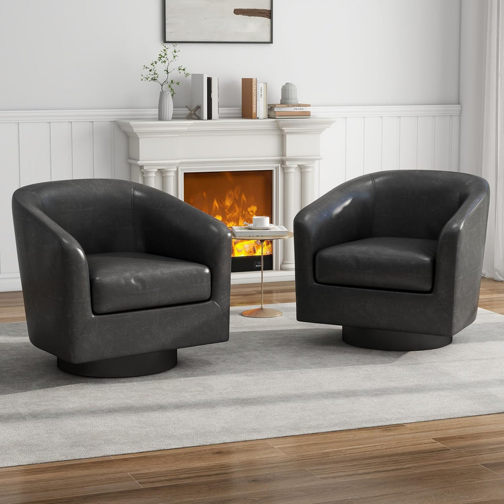 Faux Leather Swivel Accent Chairs Set of 2, Barrel Armchair, Brown