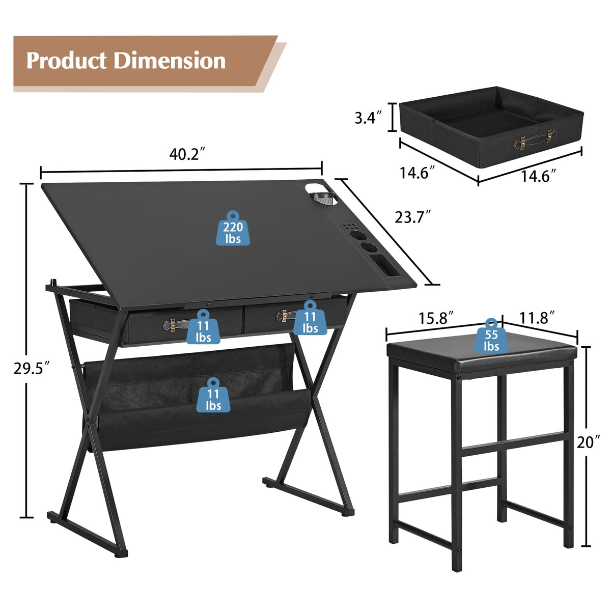 VECELO Drafting Table Art Desk Art Table Adjustable Drawing Table Tilted Tabletop with 2 Storage Drawers and Stool, Drawing Desk for Artist Painters Drawing, Crafting, Reading, Writing, White