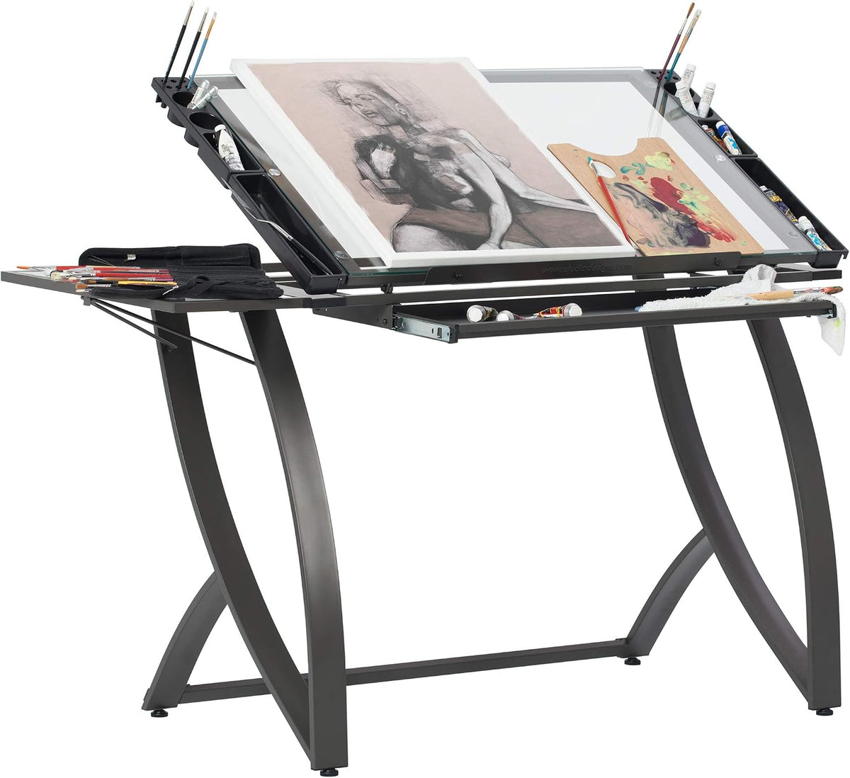 SD STUDIO DESIGNS Futura Luxe Drawing, Drafting, Craft Table with Drawer, 35" Wide Angle Adjustable Top and Side Shelf, Pewter Grey/Clear Glass