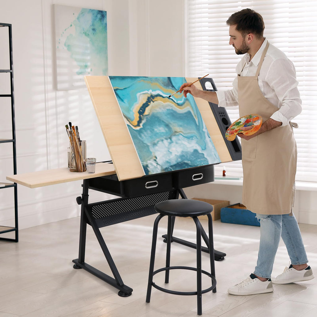 LEMY Drafting Table Art Desk, Height Adjustable Drawing Table Tilting Tabletop Work Station with Stool and Storage Drawer for Home, Office, Writing, Black