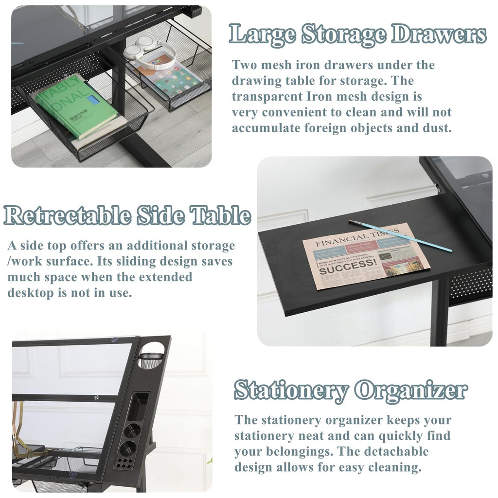 Drafting Table for Artists, Glass Drawing Table with Stool,T1-Black