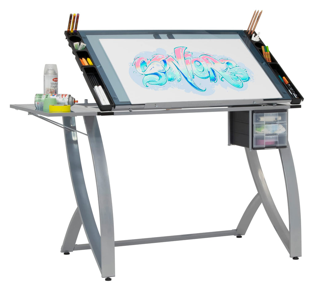 SD STUDIO DESIGNS Futura Luxe Drawing, Drafting, Craft Table with Drawer, 35" Wide Angle Adjustable Top and Side Shelf, Pewter Grey/Clear Glass