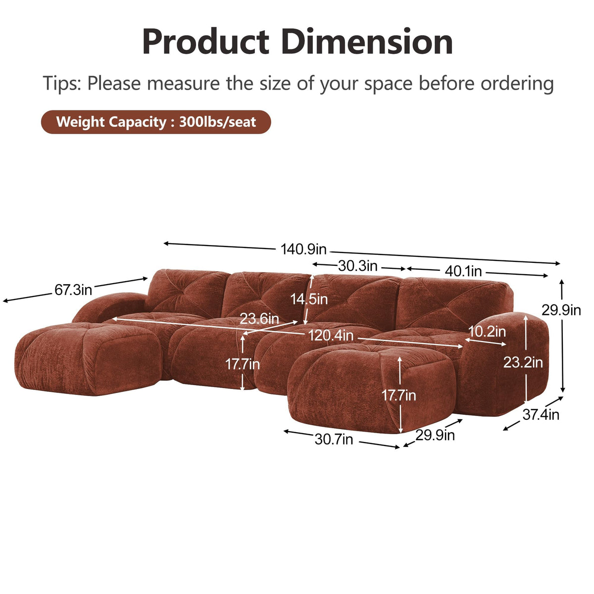 80" Sectional Modular Cloud Couch, Boneless Couch, Loveseat Red