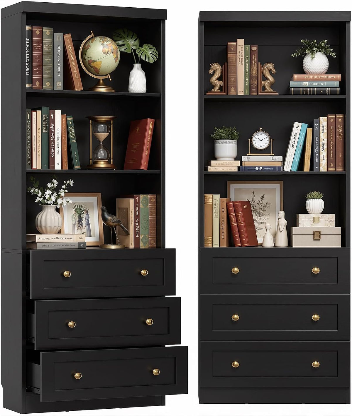 Cyclysio 80" Bookshelf with 3 Drawers and Baseboard Cutout, Set of 2