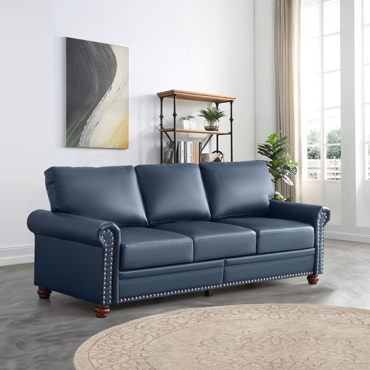 2 Piece Faux Leather Sofa Set,Modern Couch and Loveseat Sets with Storage,Mid Century Couch with Rivet Rolled Arm,Comfy Deep Seat Sofa,Furniture for Living Room,Office(Loveseat+3 Seater,Navy)