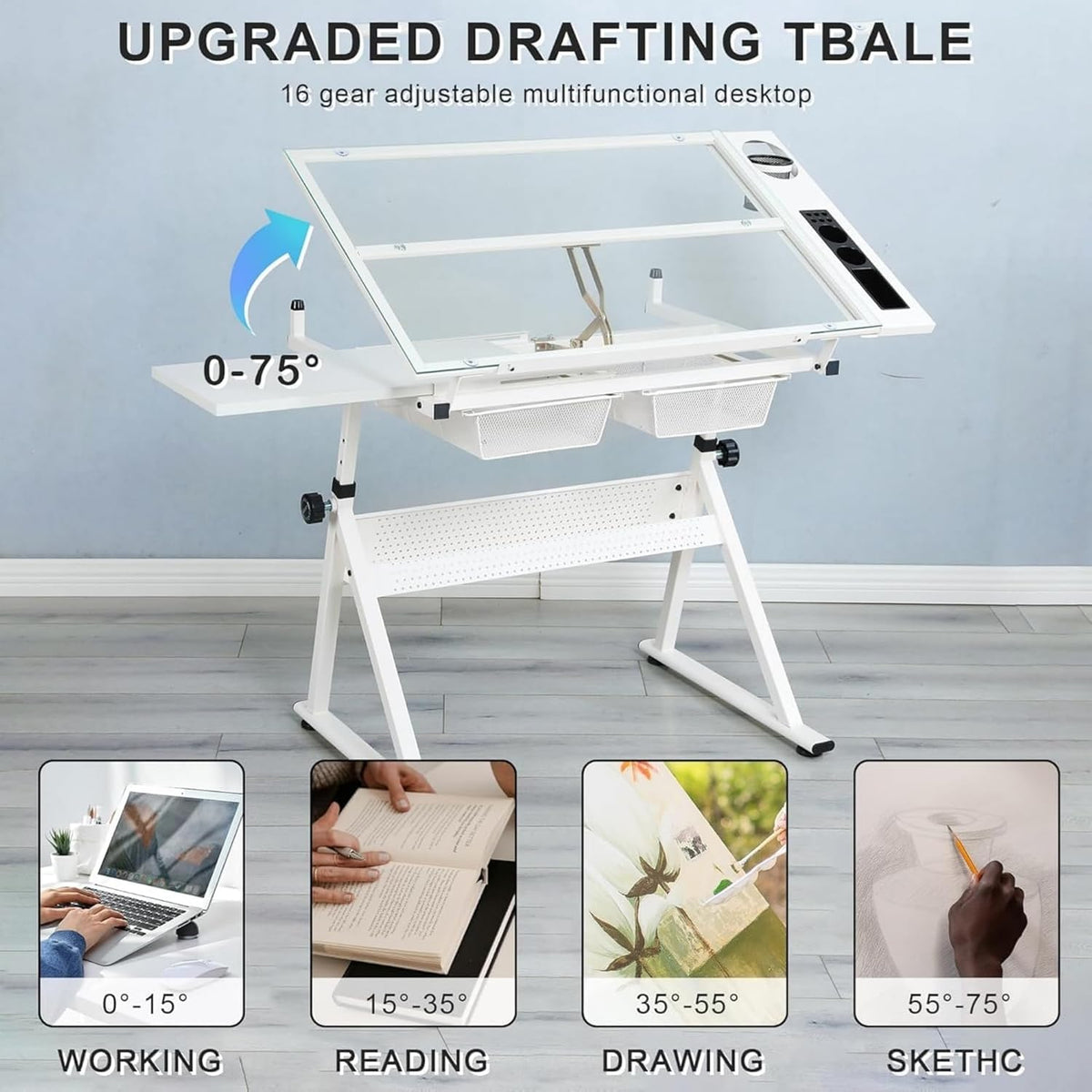 Drafting Table, Adjustable Height Drawing Table Art Table Painting Table Art Craft Desk with 0-75Â° Tilting Glass Tabletop and Storage Drawers, Black