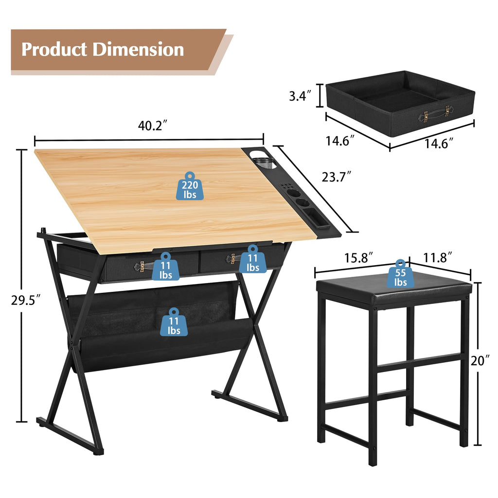 VECELO Drafting Table Art Desk Art Table Adjustable Drawing Table Tilted Tabletop with 2 Storage Drawers and Stool, Drawing Desk for Artist Painters Drawing, Crafting, Reading, Writing, White