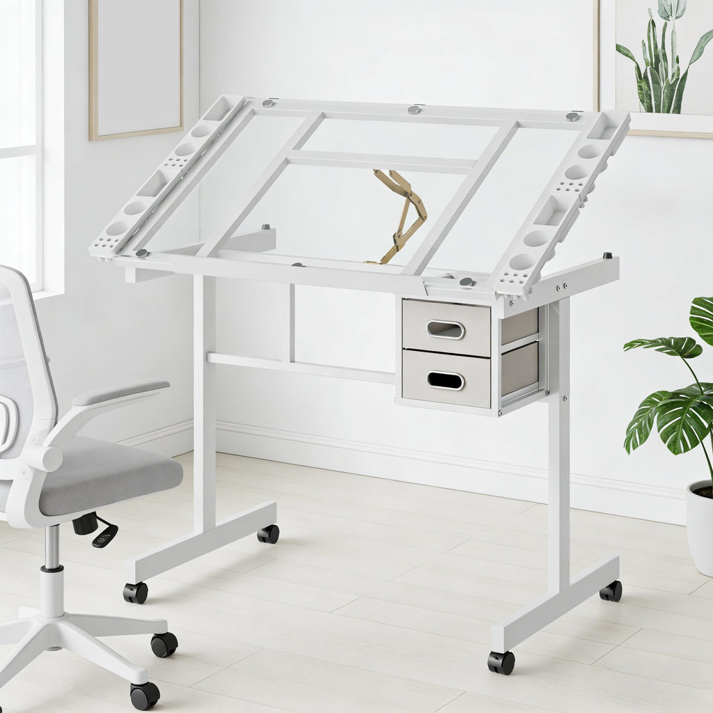 Adjustable Drafting Table with Stool, 0-75Â° Tilting Art Desk, White