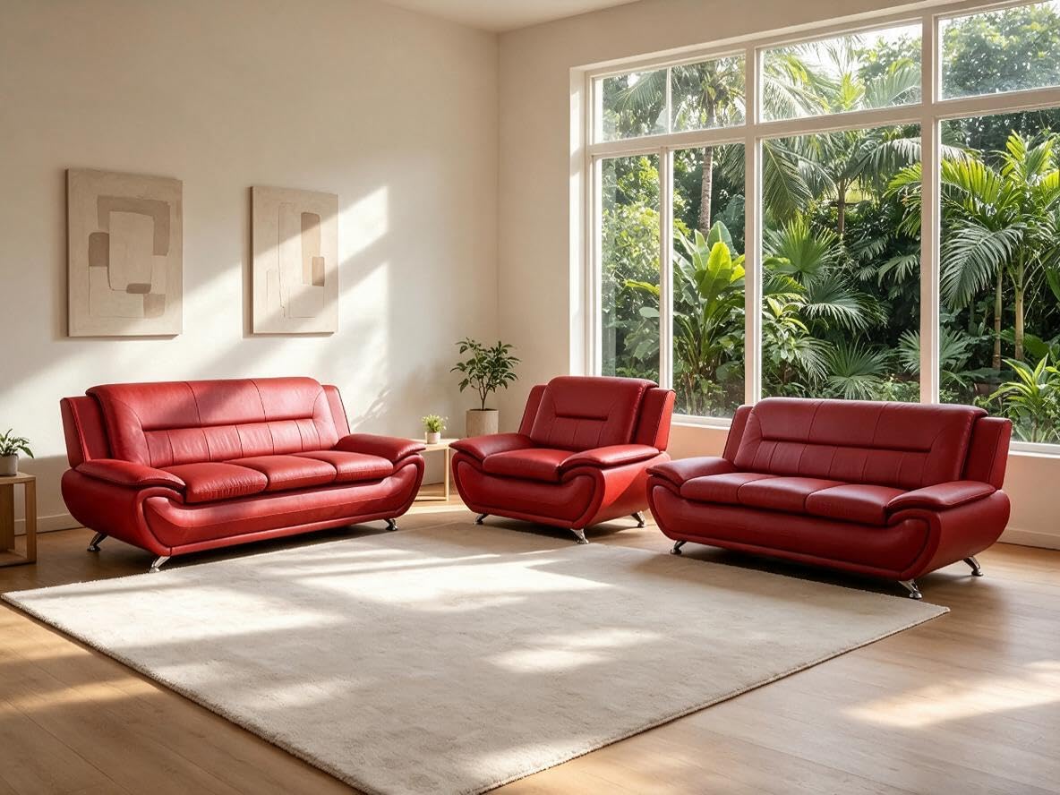 Creamy White Living Room Furniture Set, 2-Piece Modern Faux Leather Couches for Home, Living Room Sofa Sets, 3-Seater Sofa and Loveseat with Metal Feet, Couch Set for Bedroom, Hotel, Office
