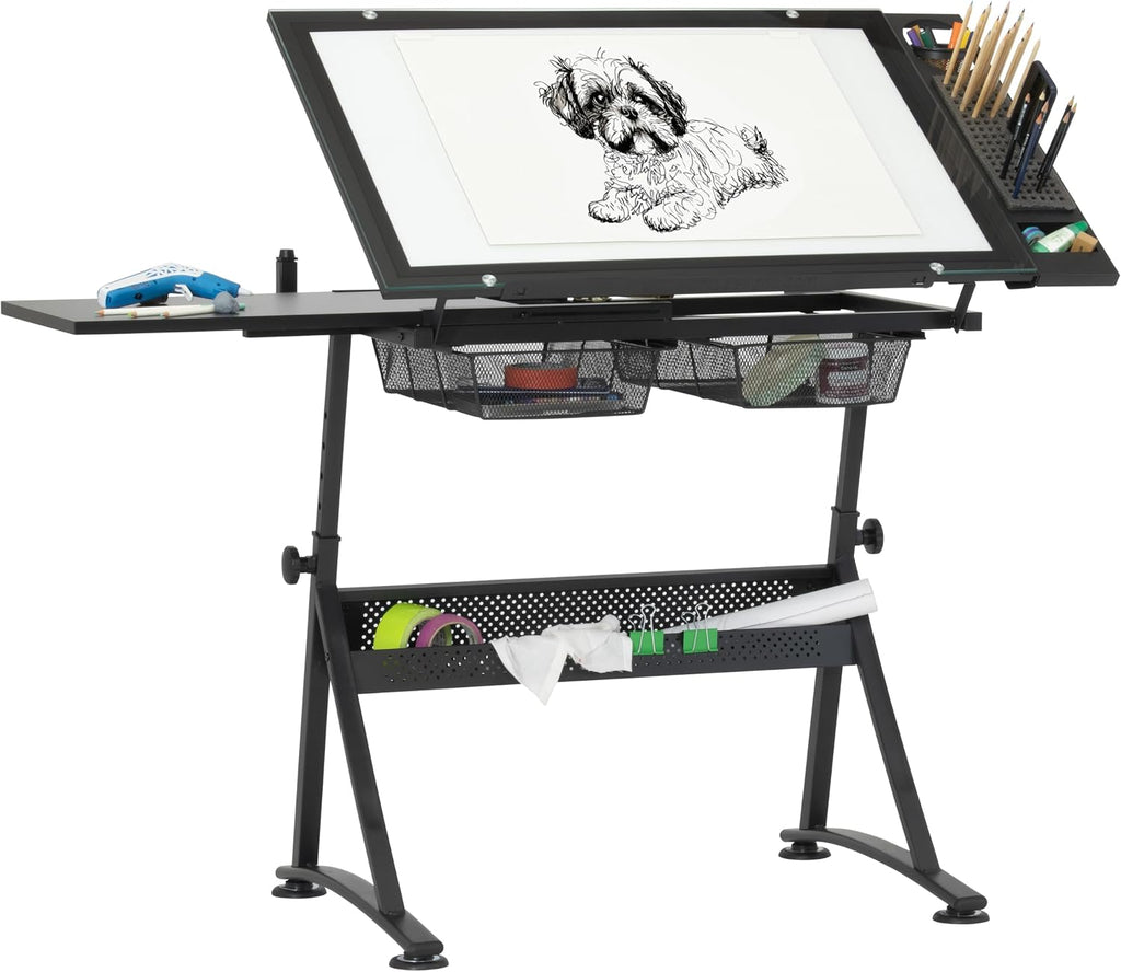 Studio Designs Fusion Drafting Table with Integrated LED Light Pad, Height & Angle Adjustable Tempered Glass Light Table, Artograph Light Pad, Storage Drawers & Side Shelf