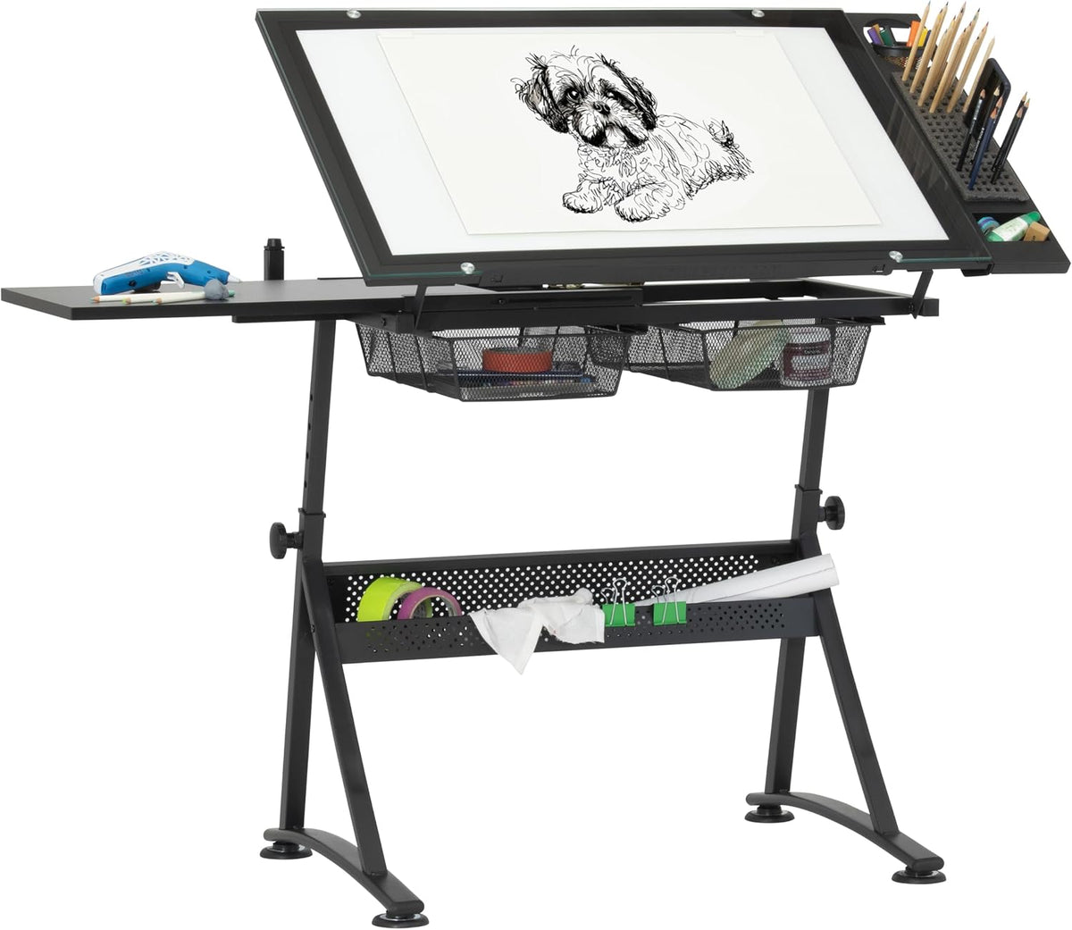 Studio Designs Fusion Drafting Table with Integrated LED Light Pad, Height & Angle Adjustable Tempered Glass Light Table, Artograph Light Pad, Storage Drawers & Side Shelf