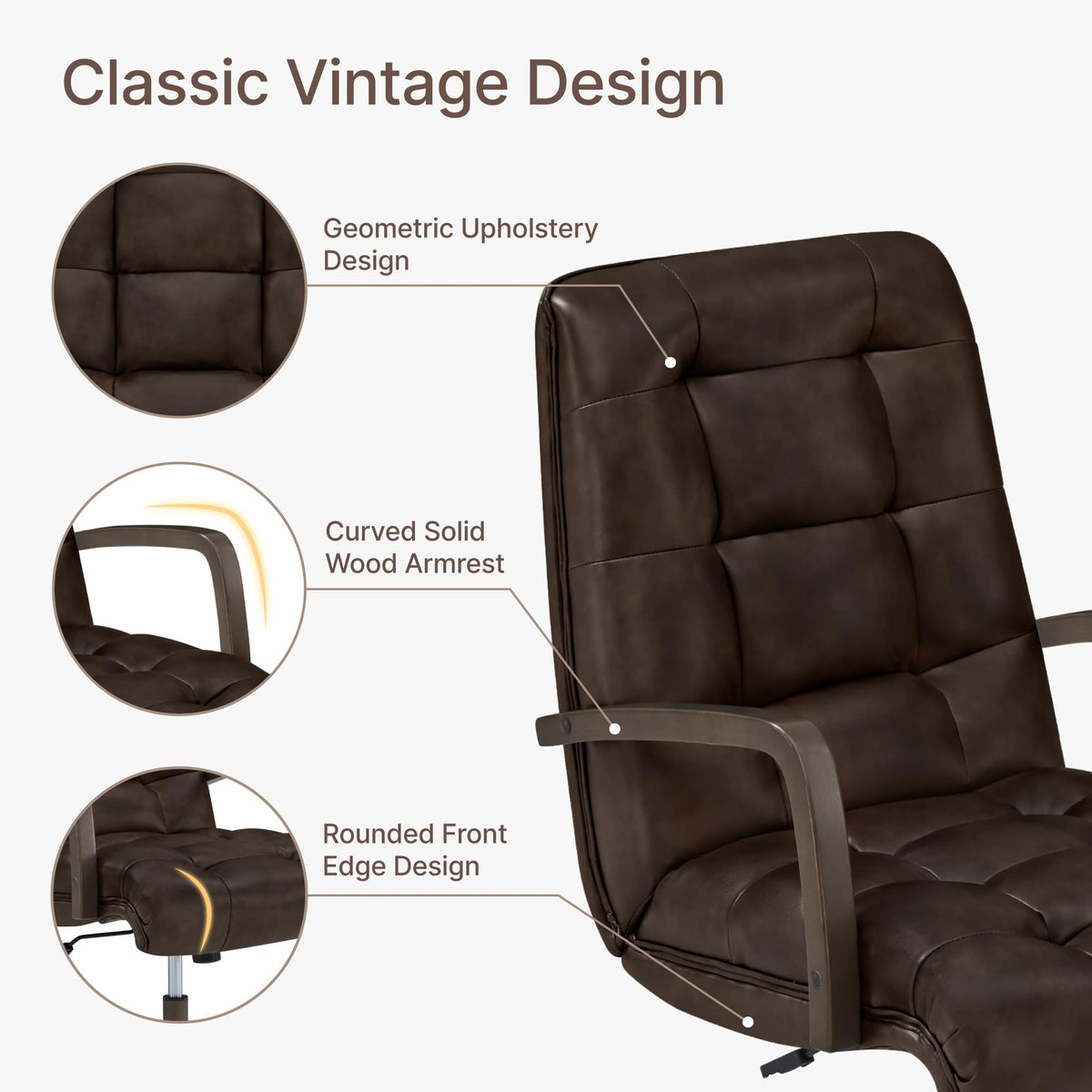 KISLOT Home Office Desk Chair, Ergonomic Office Chair with Lumbar Support, Adjustable Swivel Computer Chair with Wheels, Faux Leather Executive Task Chair with Wood Arms, Set of 2, Brown