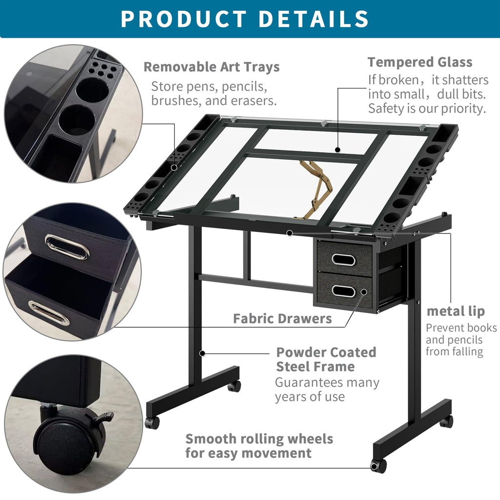 Drafting Table, Adjustable Height Drawing Table Art Table Painting Table Art Craft Desk with 0-75Â° Tilting Glass Tabletop and Storage Drawers, Black