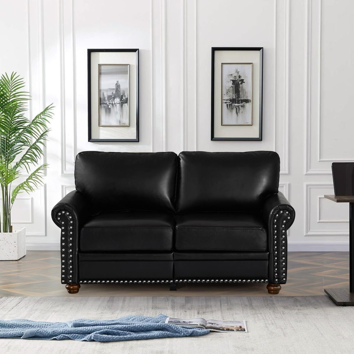 2 Piece Faux Leather Sofa Set,Modern Couch and Loveseat Sets with Storage,Mid Century Couch with Rivet Rolled Arm,Comfy Deep Seat Sofa,Furniture for Living Room,Office(Loveseat+3 Seater,Navy)