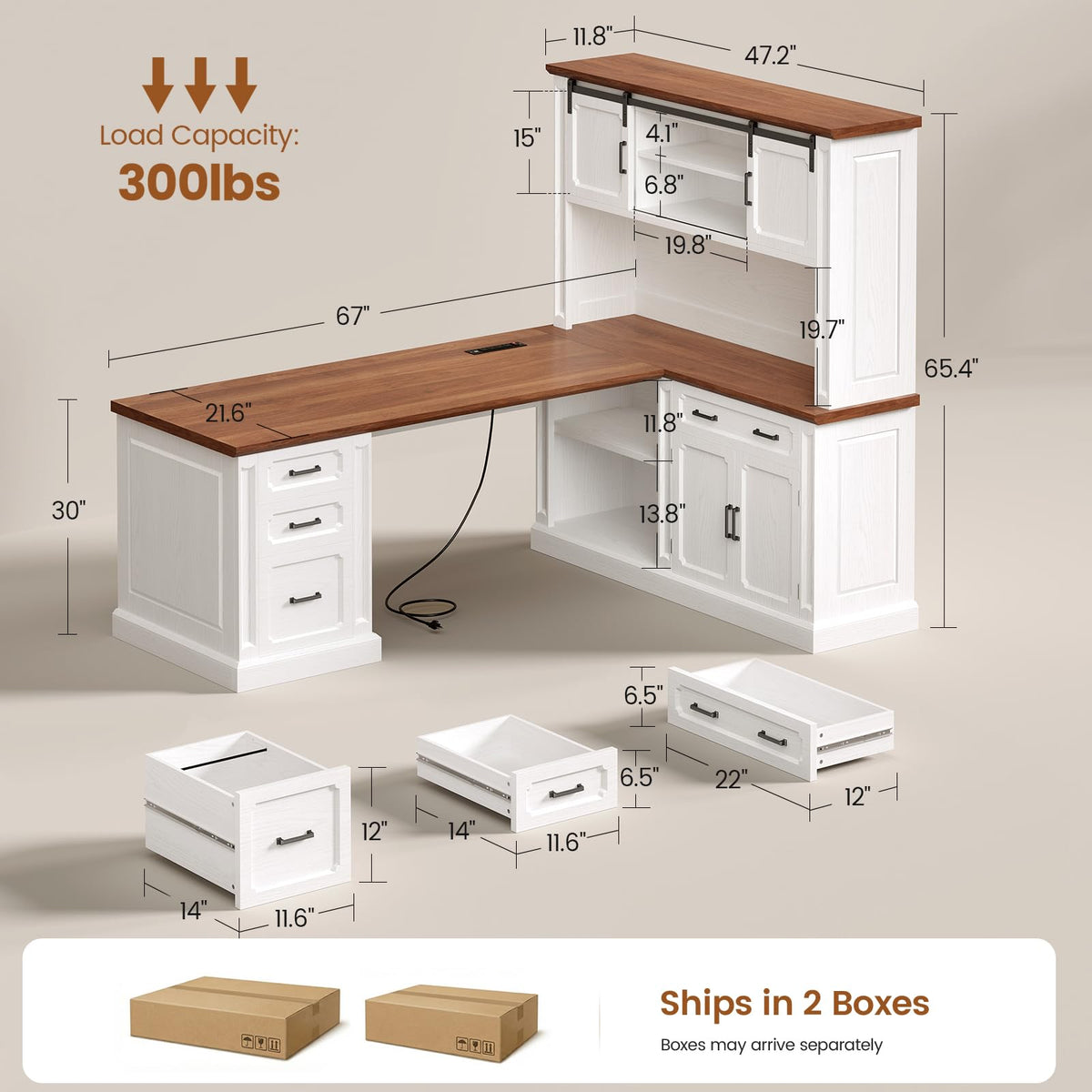 SEDETA Farmhouse 70.9" Executive Desk, Home Office Desk with File Drawers and Storage Cabinet, Computer Desk with Power Outlet for Home Office, Work Study Writing, Black+Brown