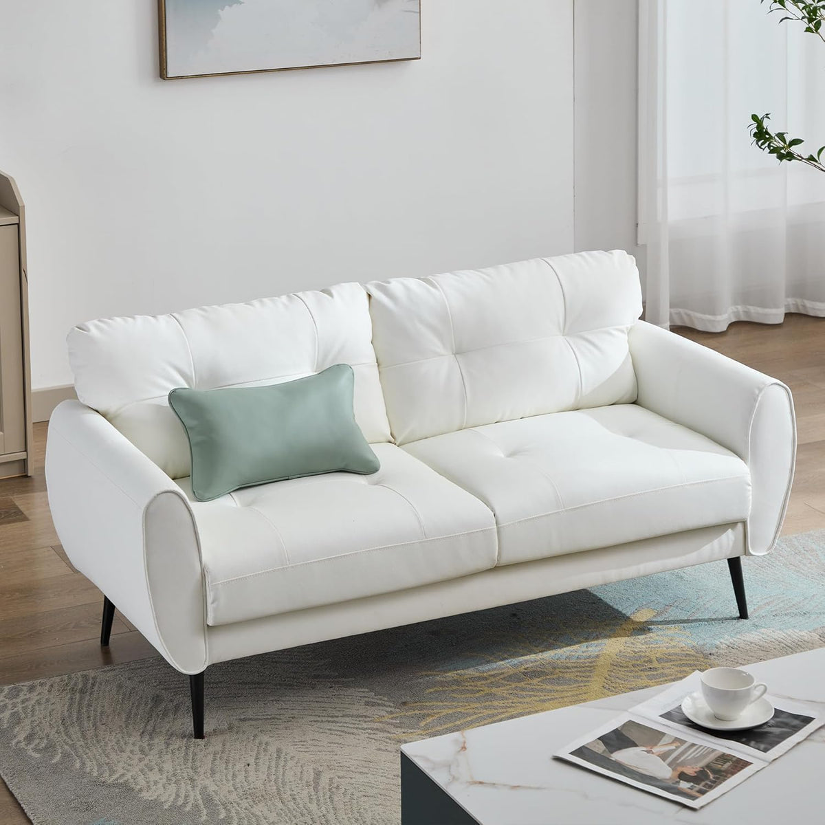 TYBOATLE 2 Piece Furniture Sets, Small Loveseat for Living Room, White Faux Leather Couch Mid Century Modern Tufted Mini Sofa Comfy Office 2 Seat Love Seat for Small Spaces Bedroom