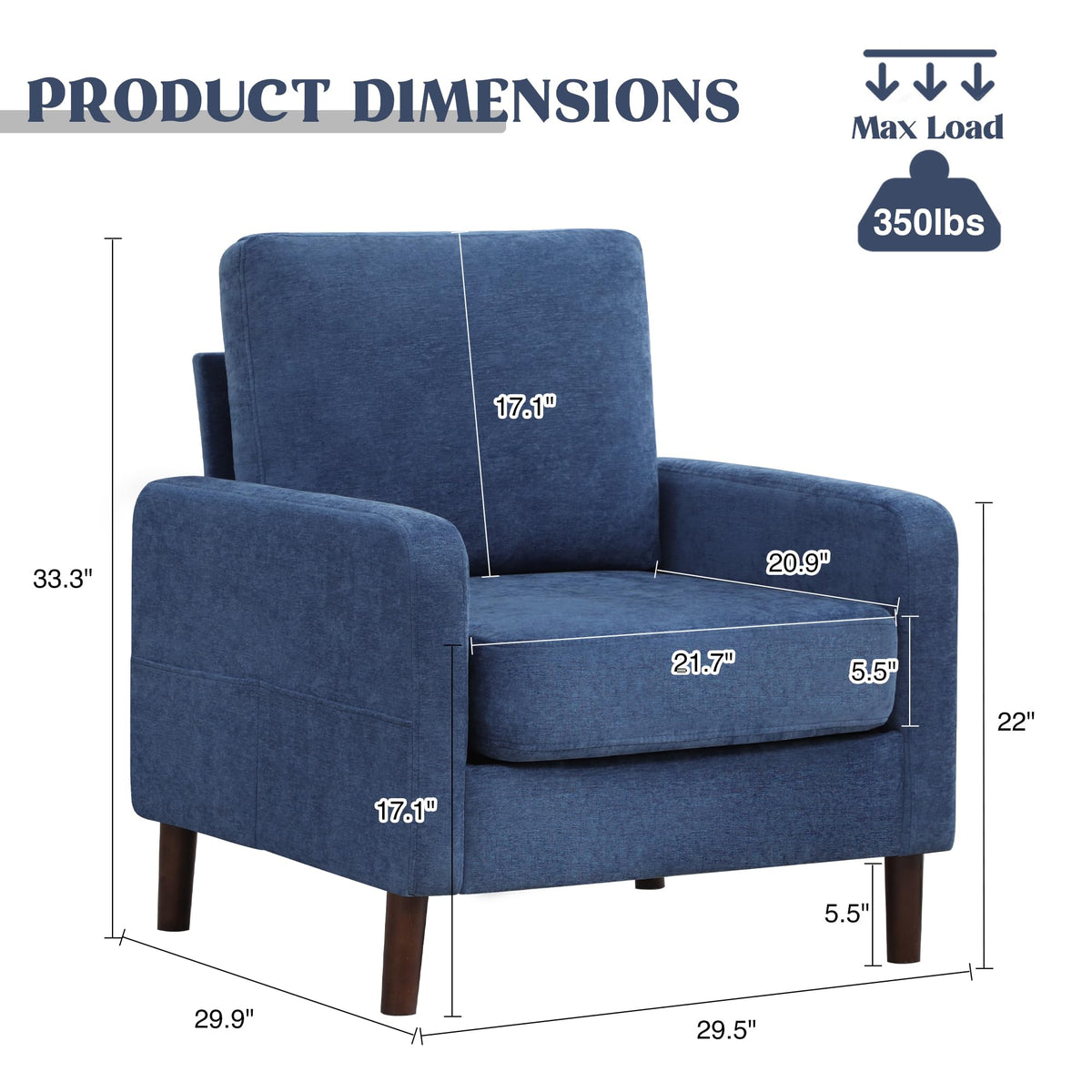 Accent Chair Set of 2, Upholstered Living Room Chairs with Wood Legs and Side Pockets, Modern Reading Chair for Bedroom, Armchair Single Sofa Side Chair for Office, Small Room, Dark Grey