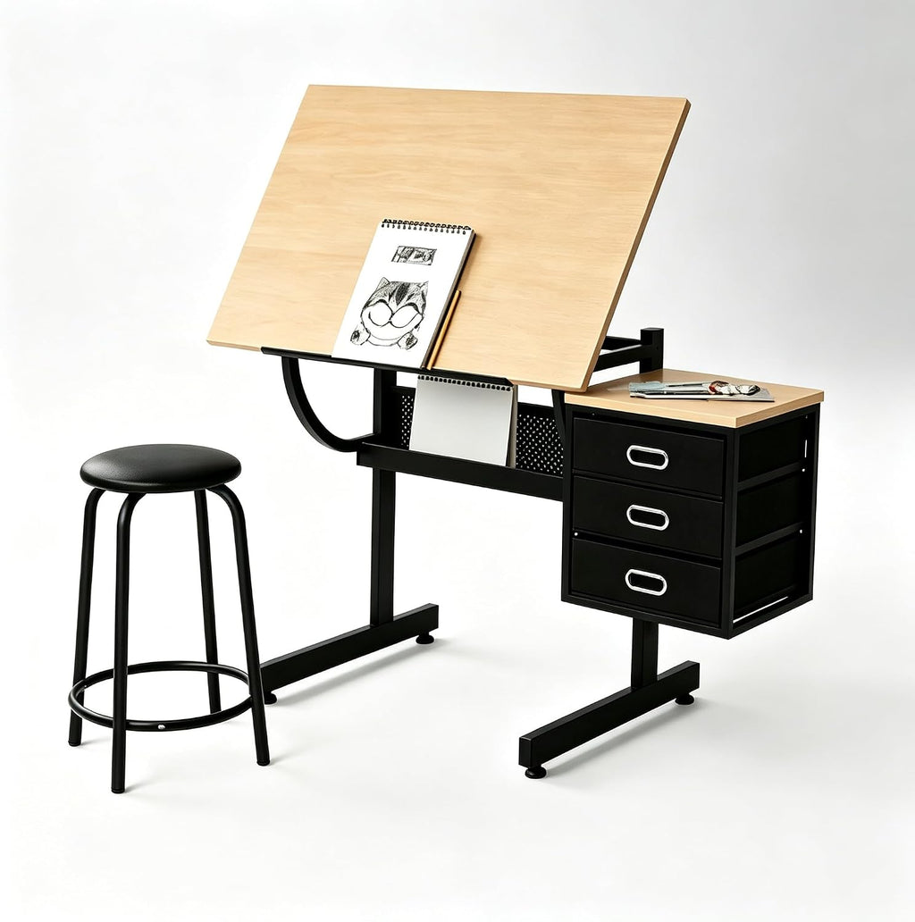 0â75Â° Tilting Drawing Desk, Adjustable Drafting Table with 3 Fabric Storage Drawers,Art Desk with Maple Wood Top & Heavy-Duty Steel Frame for Painting, Sketching, Drafting & Home Office