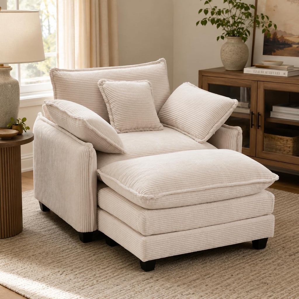 Oversized Chair with Ottoman, Corduroy Reading Chair with Footrest, Comfy Accent Armchair for Living Room Bedroom, Single Sofa Lounge Chair, 350 lbs (Orange)