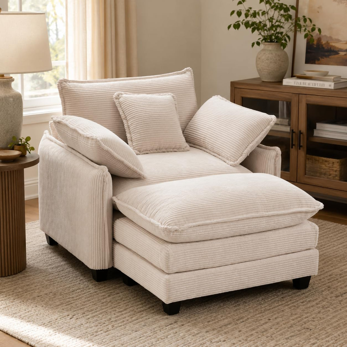 Oversized Chair with Ottoman, Corduroy Reading Chair with Footrest, Comfy Accent Armchair for Living Room Bedroom, Single Sofa Lounge Chair, 350 lbs (Orange)