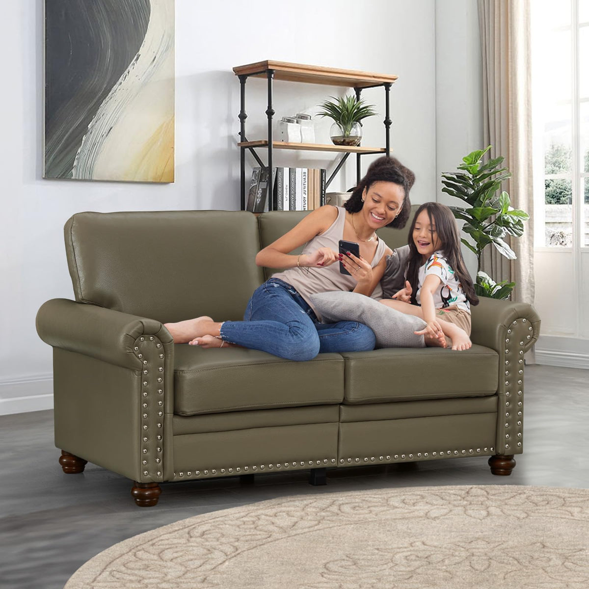 2 Piece Faux Leather Sofa Set,Modern Couch and Loveseat Sets with Storage,Mid Century Couch with Rivet Rolled Arm,Comfy Deep Seat Sofa,Furniture for Living Room,Office(Loveseat+3 Seater,Navy)