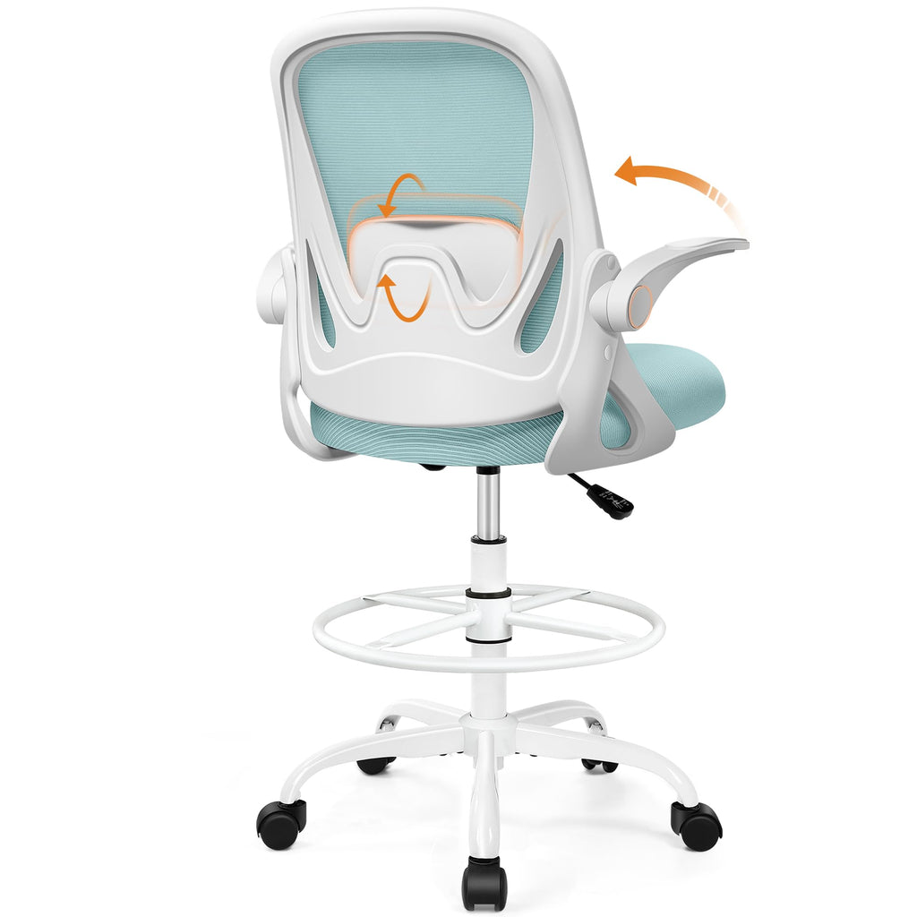 Drafting Chair Tall Office Chair with Flip-up Armrests, Adjustable Height, and Enhanced Lumbar Support - Ergonomic Rolling Stool, Back Support, and Adjustable Foot Rest Ring for Standing Desk White