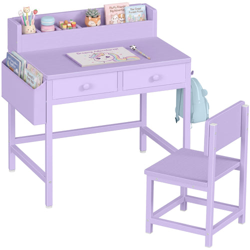 BOLUO White Kids Desk and Chair Set for 5-8 Year Old, Small Child Desk with Fabric Drawer, Children Study Table with Storage Toddler Girls Boys