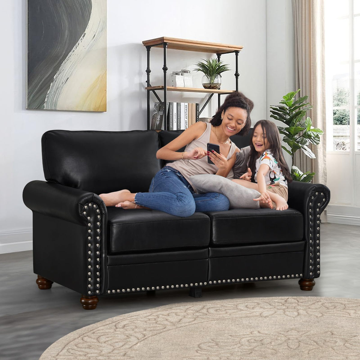 2 Piece Faux Leather Sofa Set,Modern Couch and Loveseat Sets with Storage,Mid Century Couch with Rivet Rolled Arm,Comfy Deep Seat Sofa,Furniture for Living Room,Office(Loveseat+3 Seater,Navy)