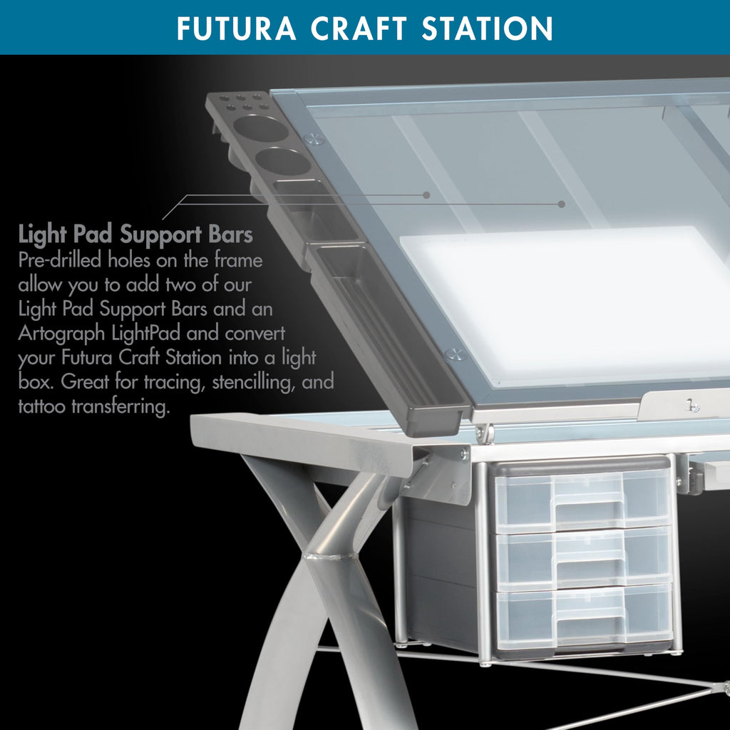 SD Studio Designs 10096 Futura Station with Folding Shelf Top Adjustable Drafting Craft Drawing Hobby Table Writing Studio Desk with Drawer, 35.5'' W x 23.75'' D, White/Clear Glass